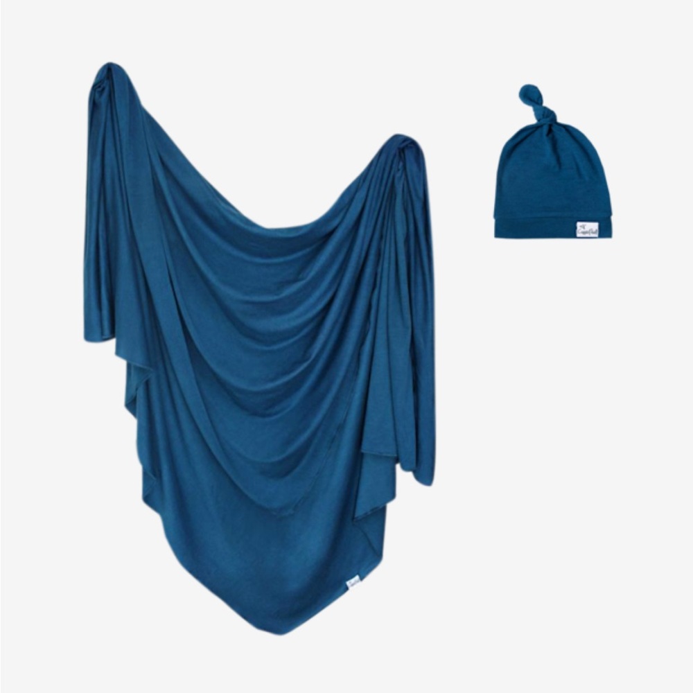 Copper Pearl Blue Swaddle and Top Knot Hat Set Color River